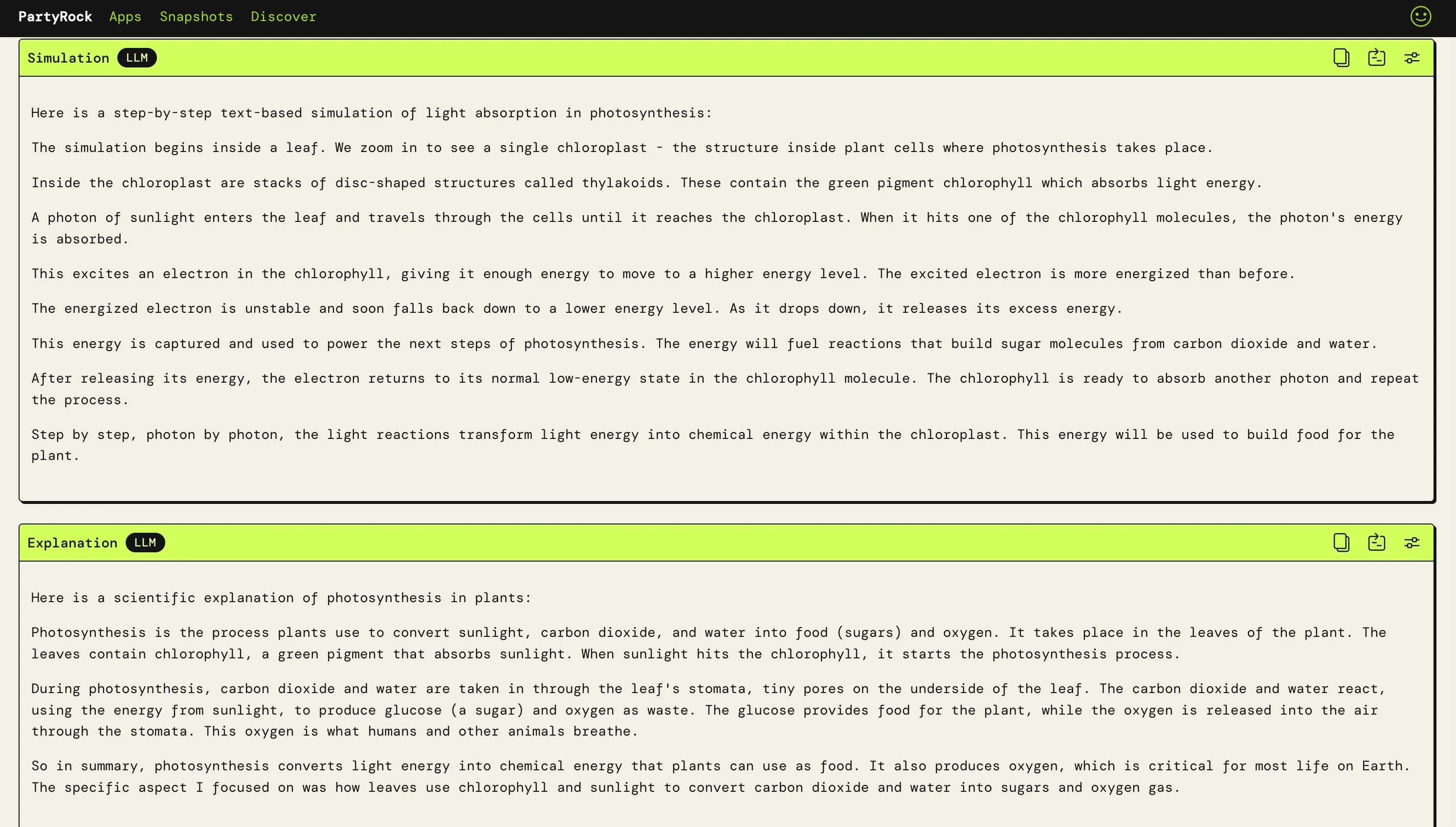AI-generated simulation and explanation output in the science explorer app