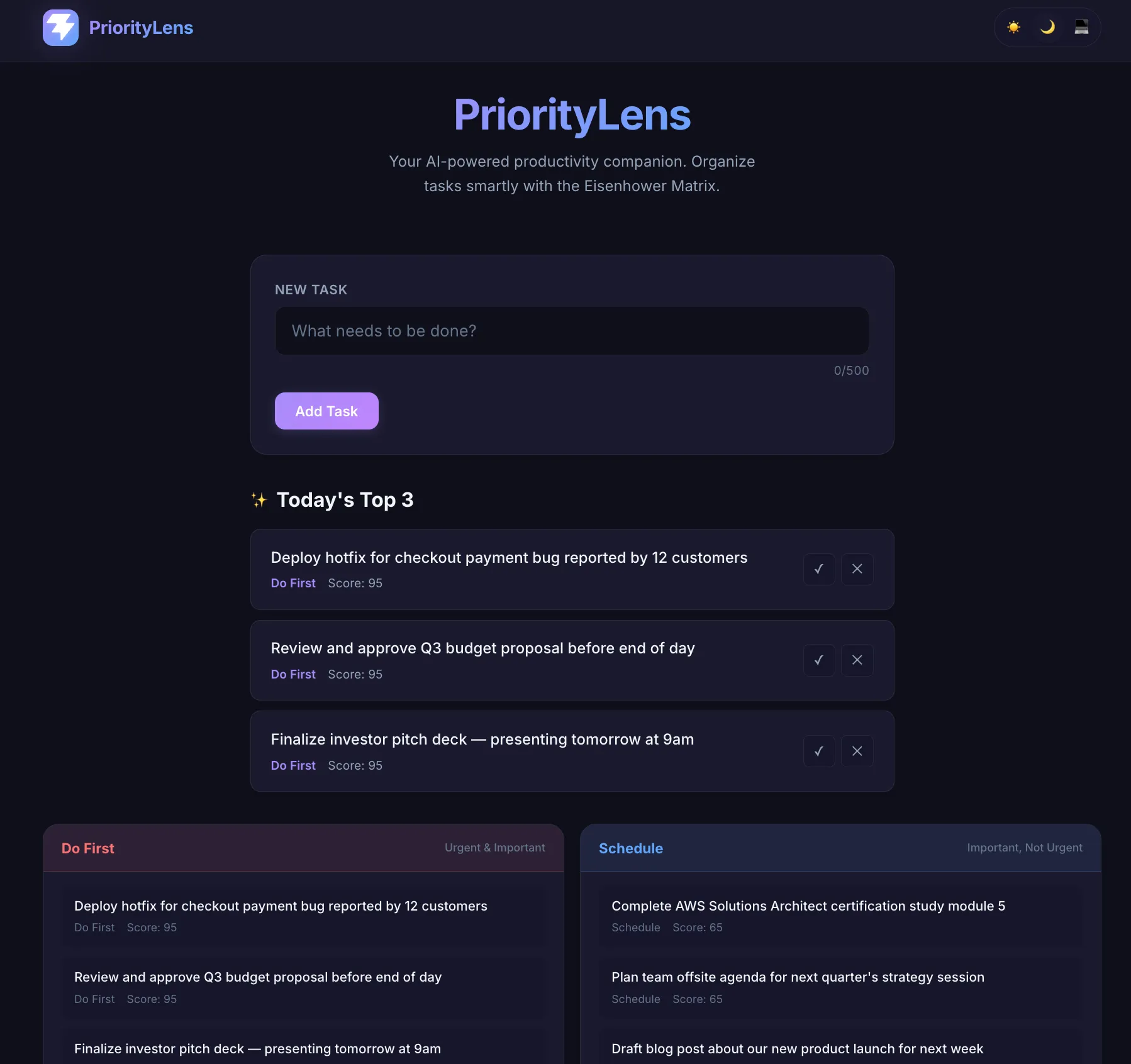 PriorityLens top-3 recommendation interface